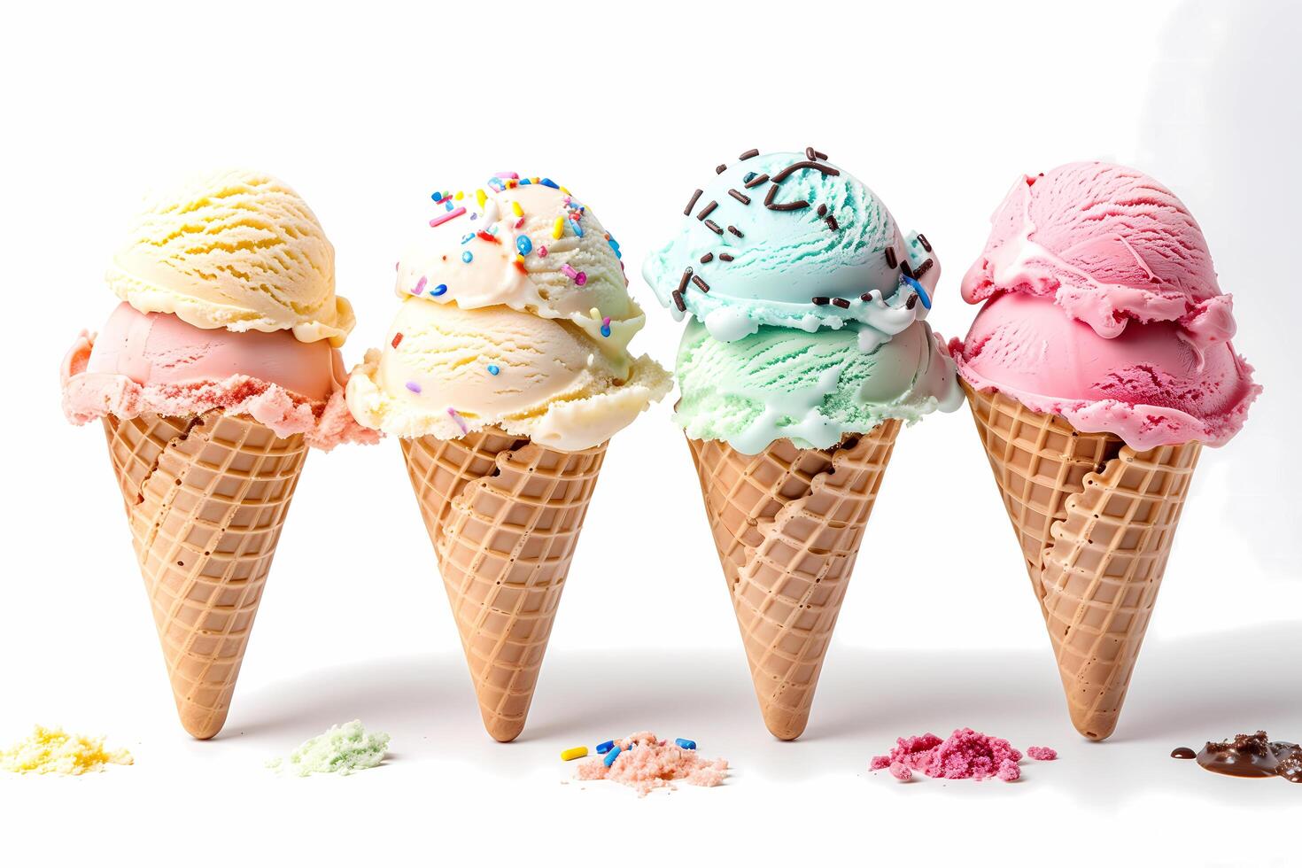 Set of various ice cream scoops of different colors and flavours in waffle cones. Ice cream advertising, summer promotion photo