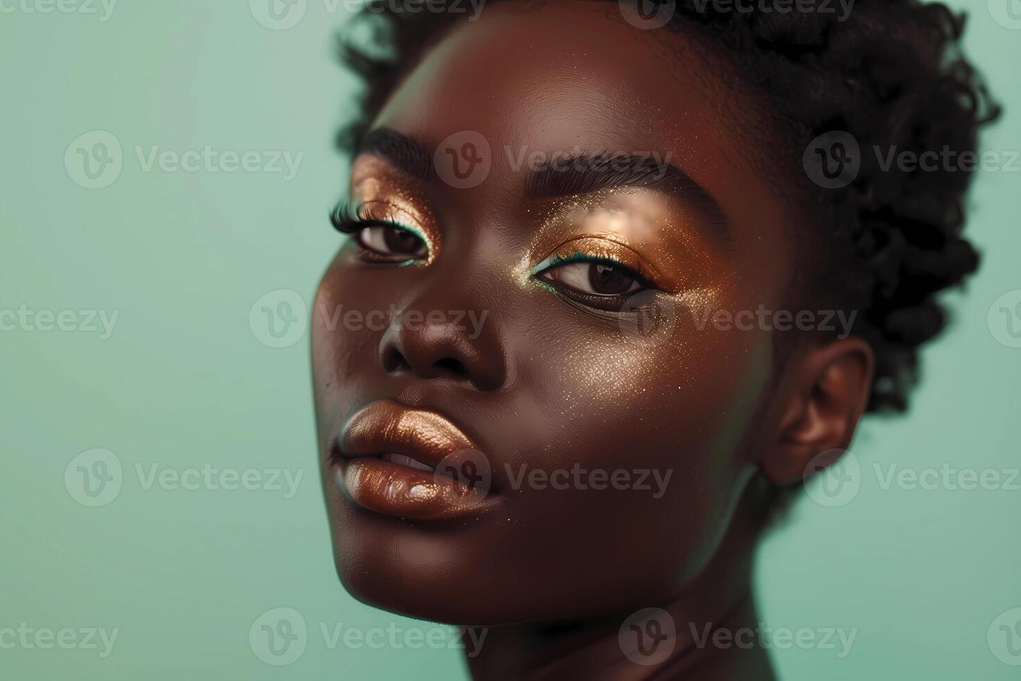 Black woman, beauty and skincare face portrait for essential beauty, beauty treatments, spa, facial or hair care cosmetics advertising. Healthy, beautiful and assertive model with curly hair shine. photo