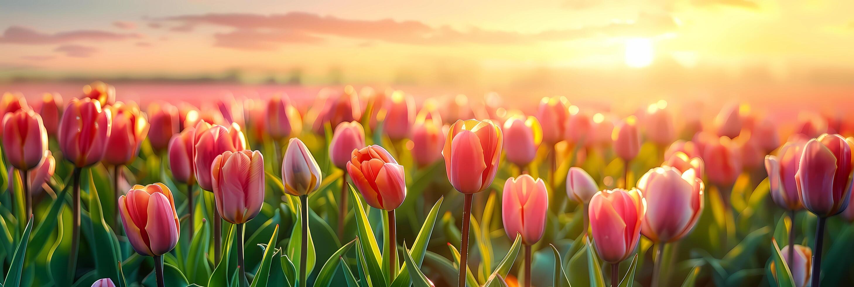 Panoramic landscape of blooming flowers field. Natural colorful panoramic landscape with many wild flowers. Summer panoramic view photo
