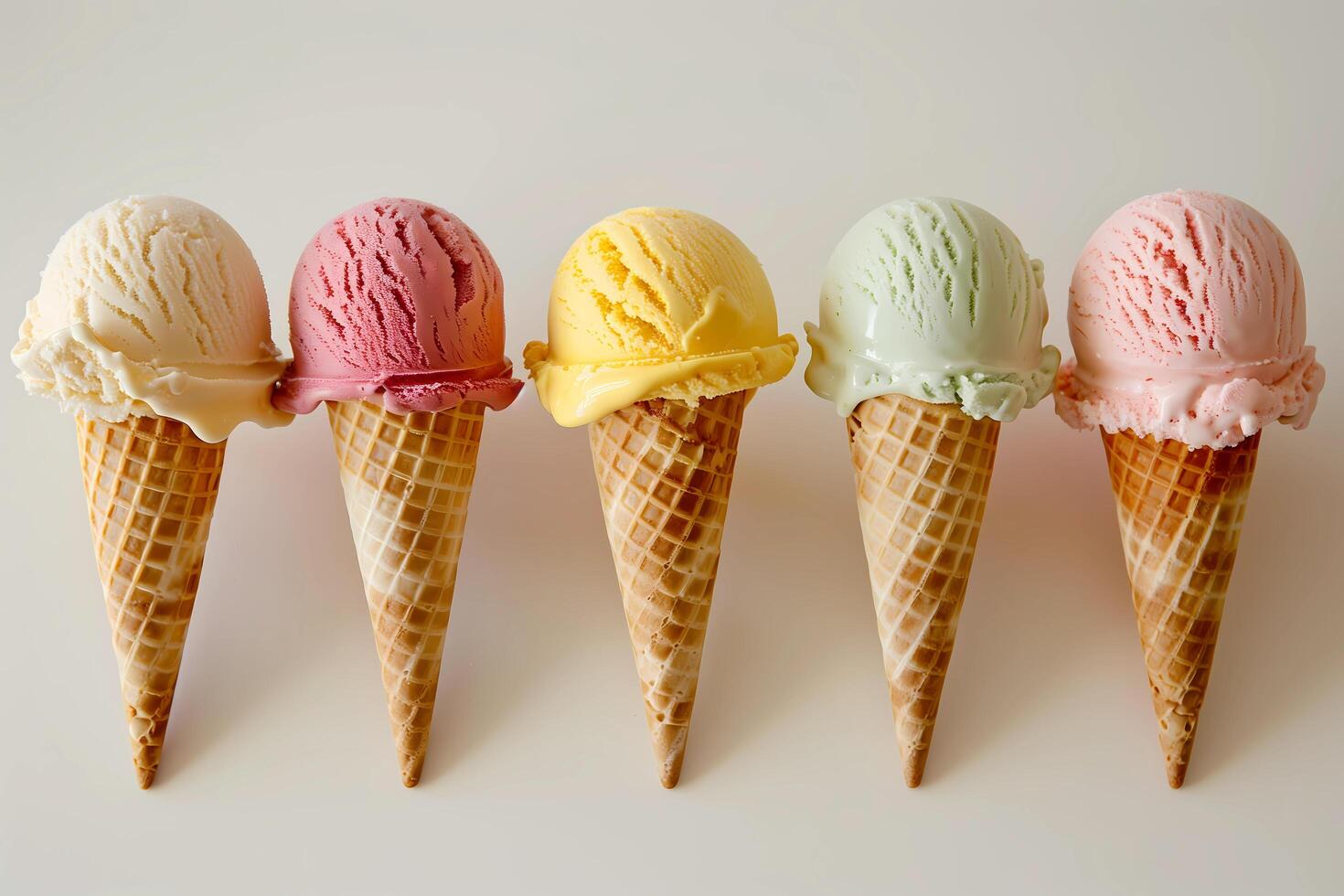 Set of various ice cream scoops of different colors and flavours in waffle cones. Ice cream advertising, summer promotion photo