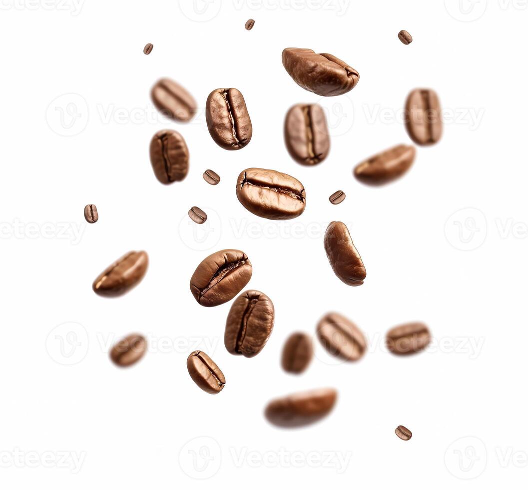 Coffee beans flying on a white background. Isolated falling coffee beans. Flying defocusing coffee grains. Applicable for cafe advertising, packages, menu design photo