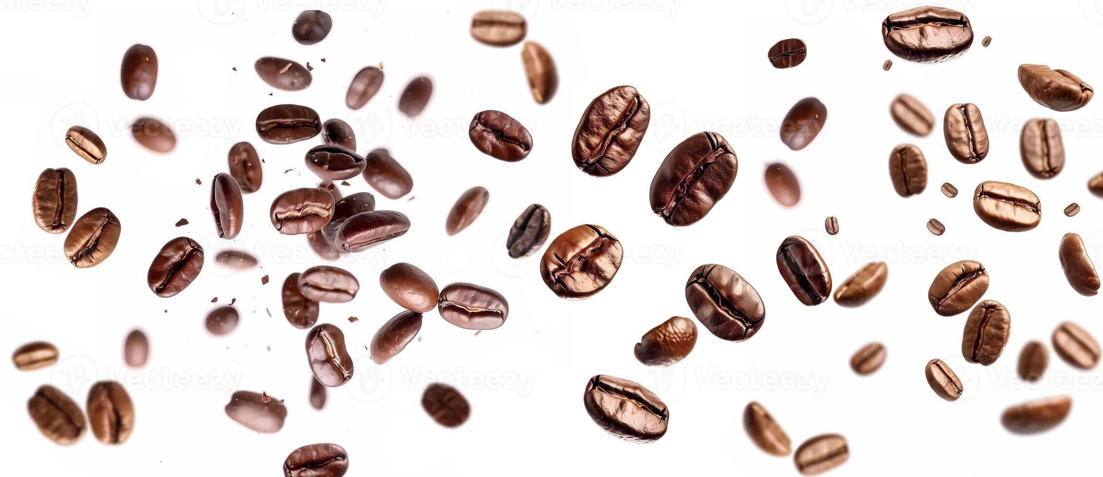 Coffee beans flying on a white background. Isolated falling coffee beans. Flying defocusing coffee grains. Applicable for cafe advertising, packages, menu design photo