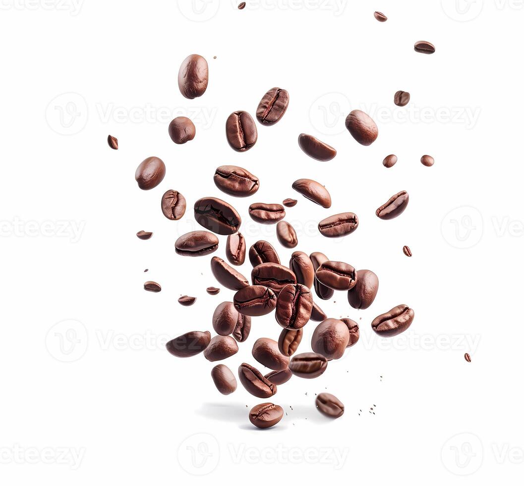 Coffee beans flying on a white background. Isolated falling coffee beans. Flying defocusing coffee grains. Applicable for cafe advertising, packages, menu design photo