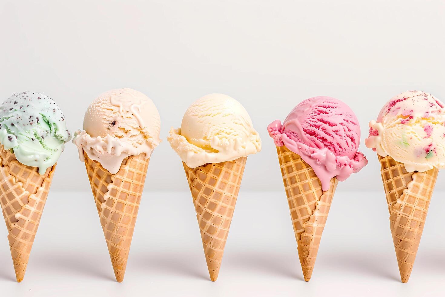 Set of various ice cream scoops of different colors and flavours in waffle cones. Ice cream advertising, summer promotion photo