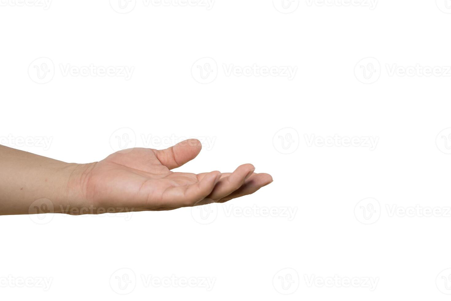 Man hand with french manicure with palm up, isolated on white background. photo