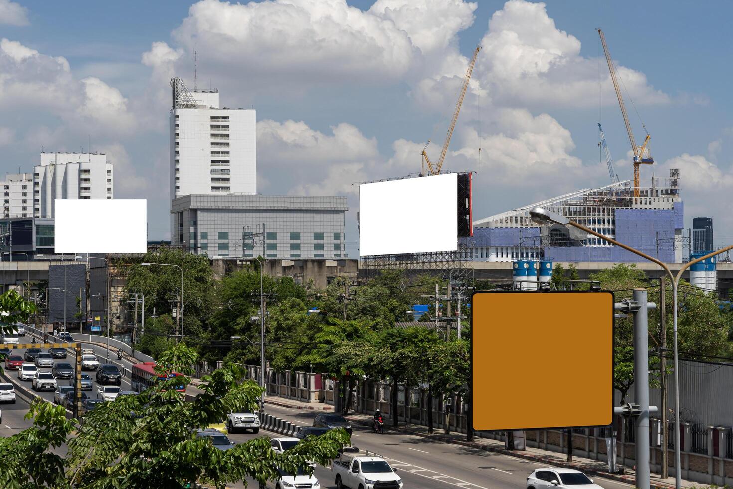 Modern busy street with glowing lights empty screen with crowd of people crossing road. Outsider advertising in the city, mockup. photo