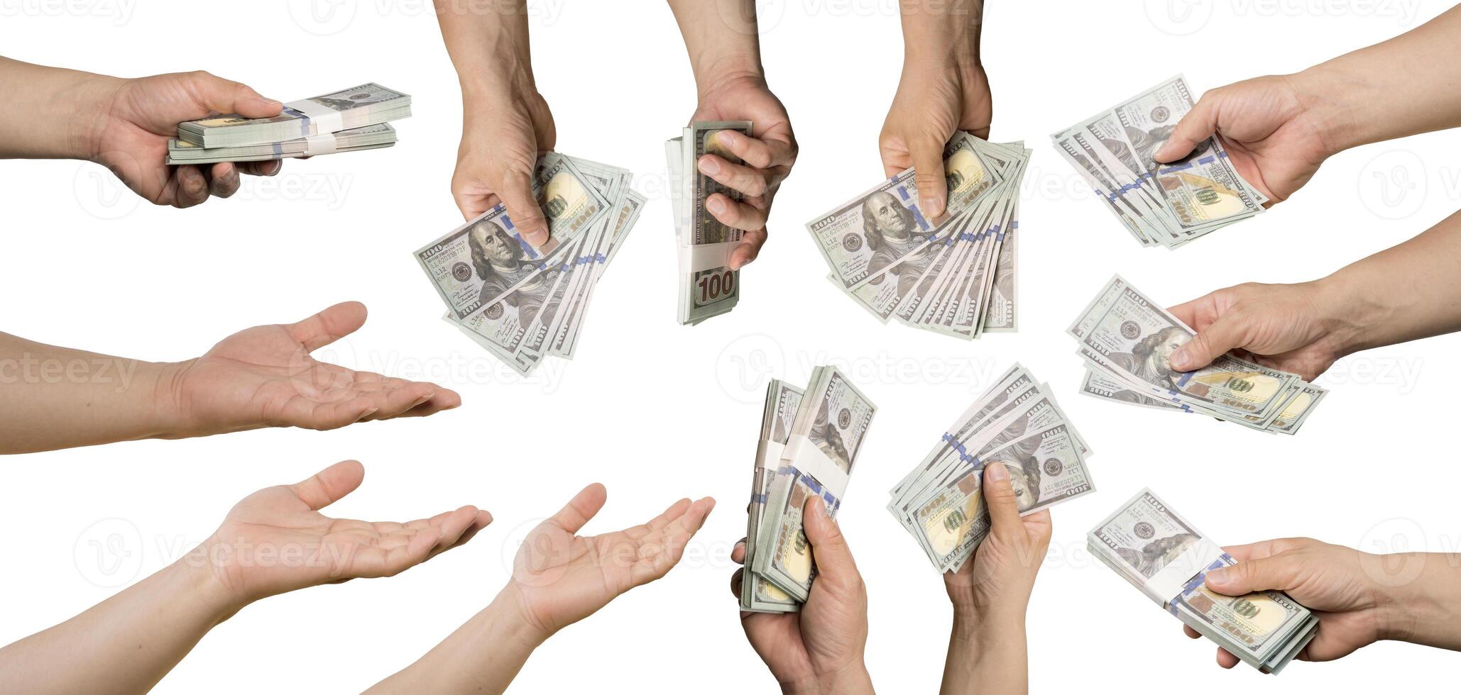 Collection of hundred-dollar banknotes in hands isolated. Hand holding out money. photo