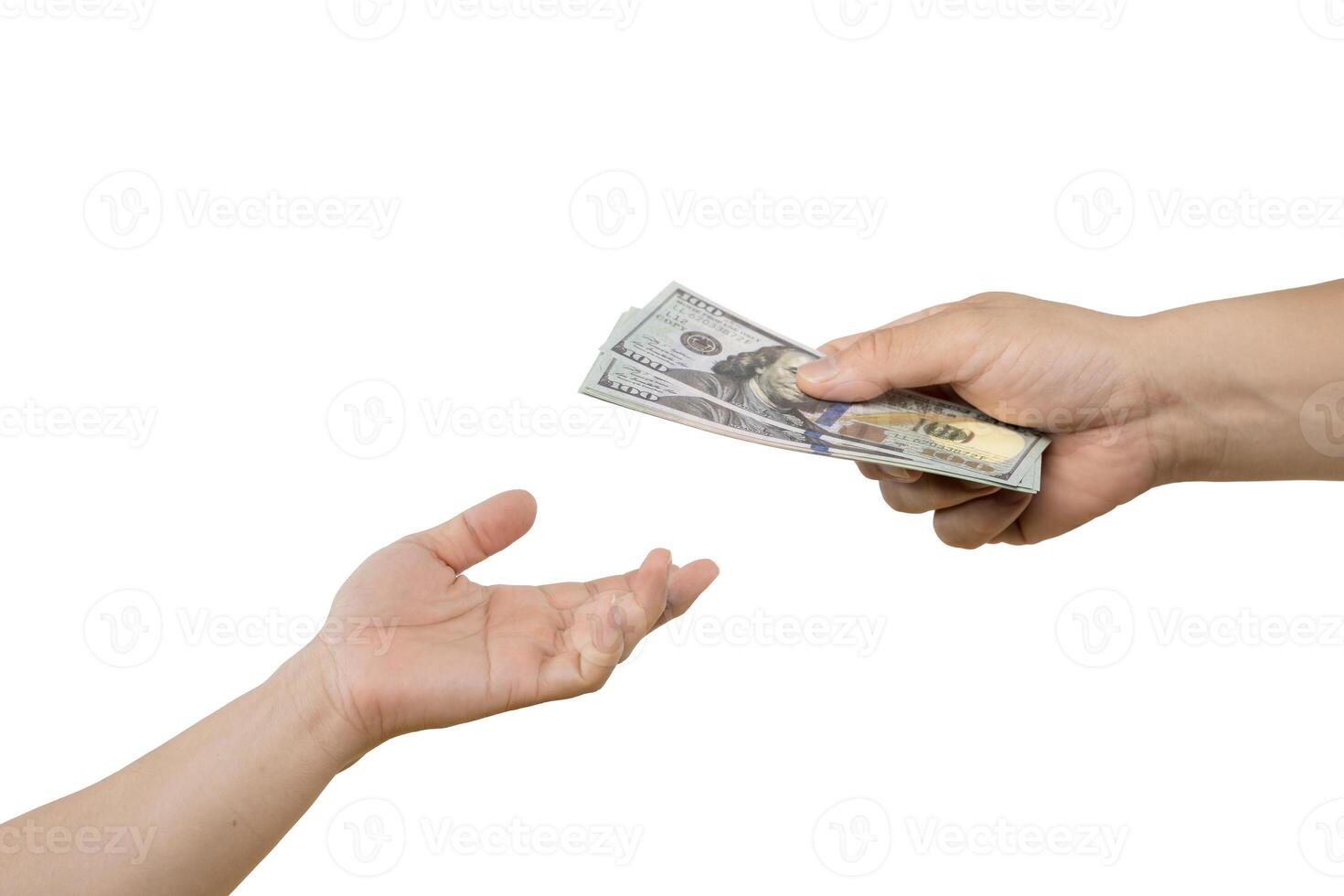 men's hands give dollar bills in the palm of an old man begging for alms on a white background. photo
