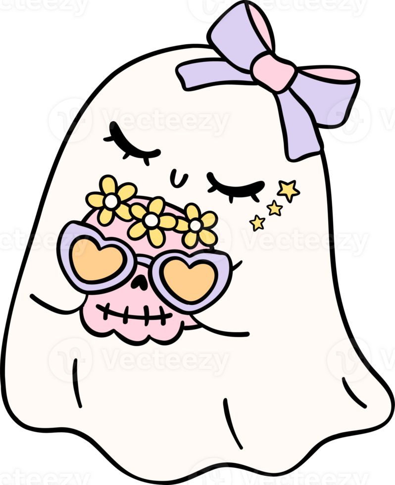 Cute Pastel Halloween Ghost Groovy Retro Cartoon Character Girly Coquette png