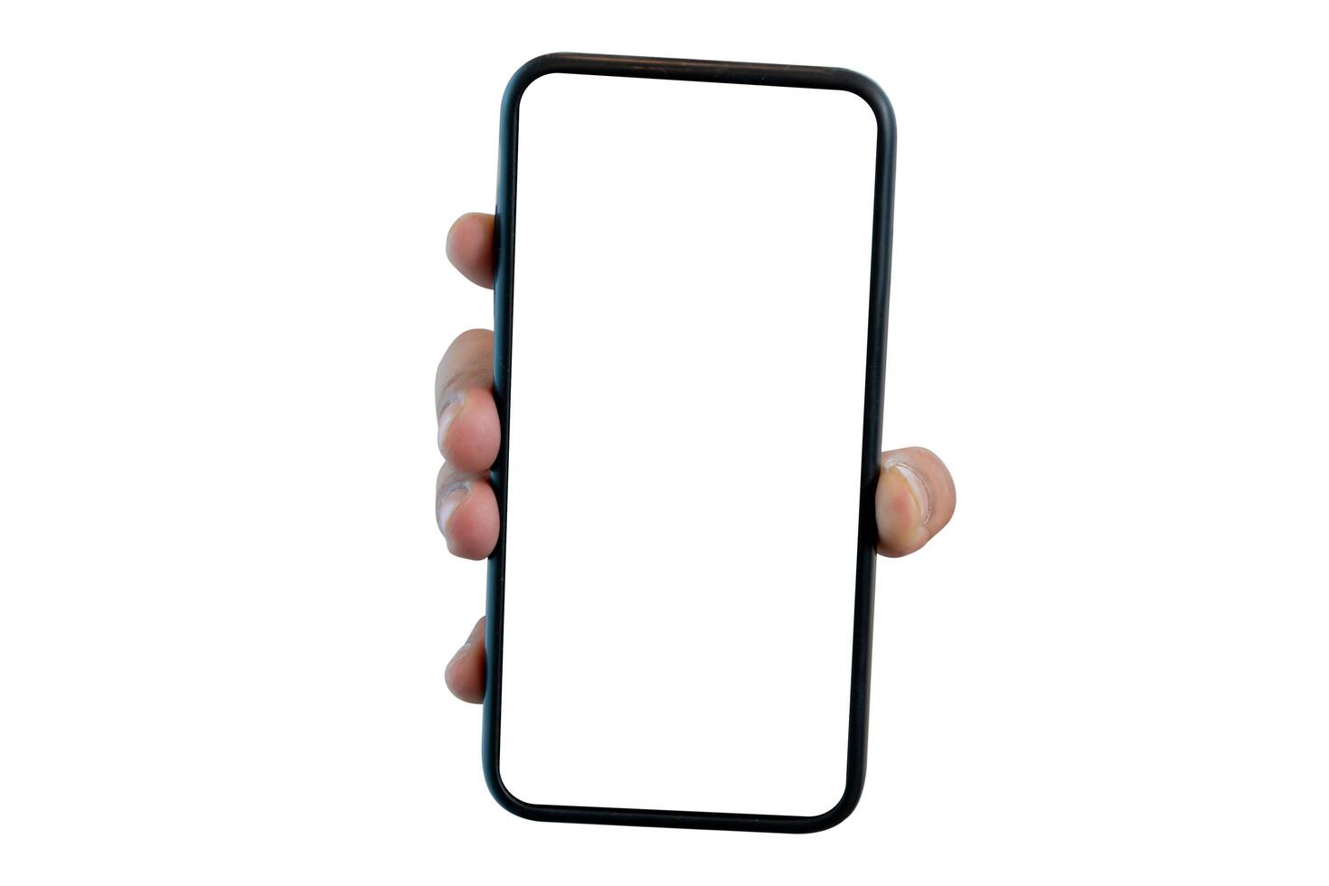 A man's hand holding a black smartphone isolated on white. Mobile devices. photo