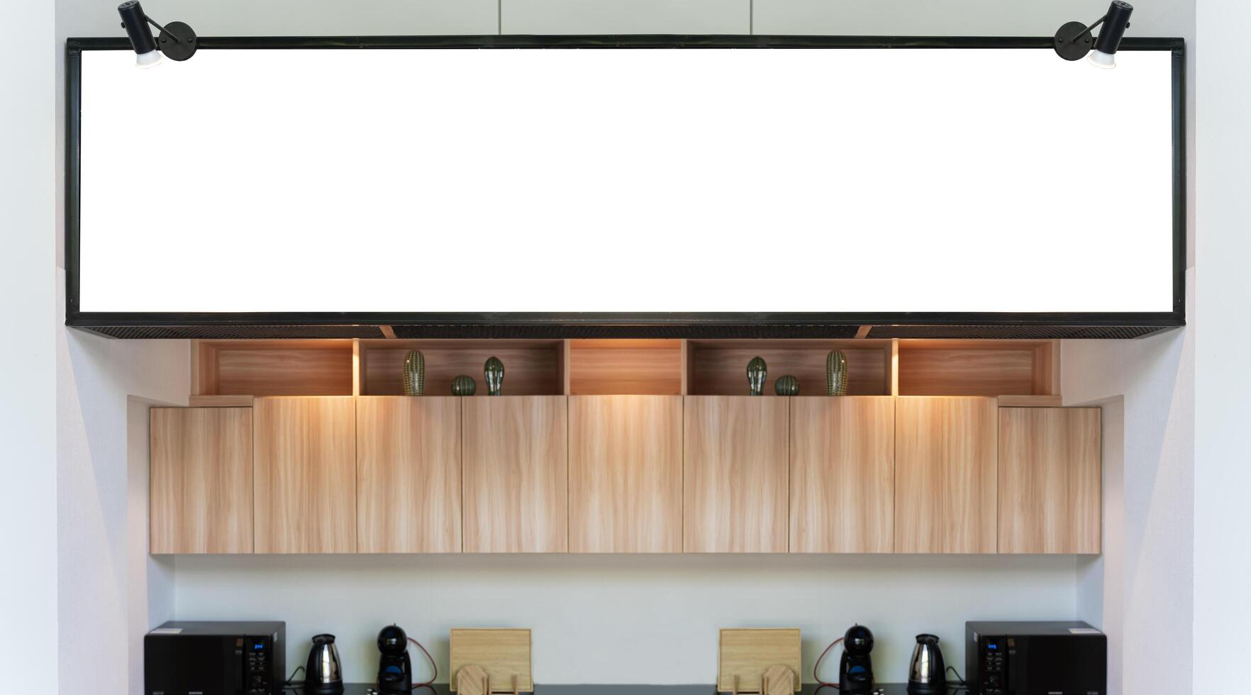 Mock up screen for Restaurant Menu Cafe Food Business. Long mockup image of Blank billboard white screen posters for advertising photo