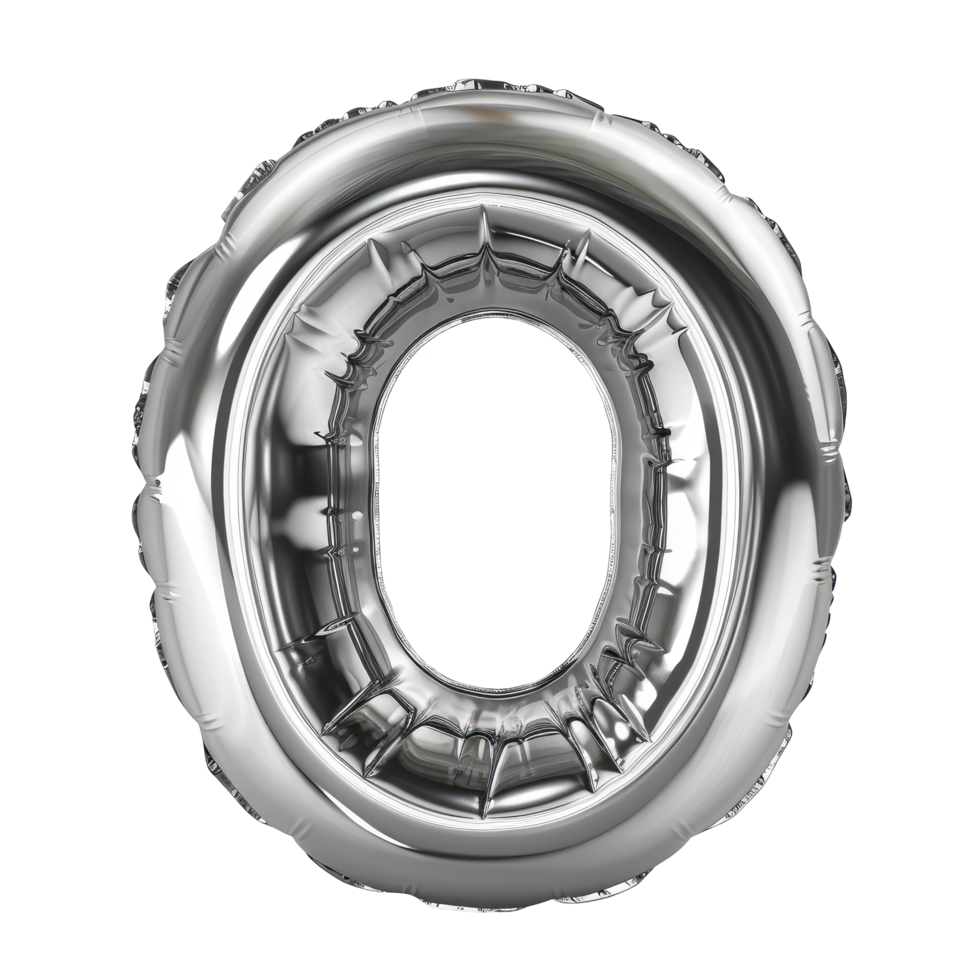 shiny silver 3d form of letter O isolated, inflated balloon bubble font style png