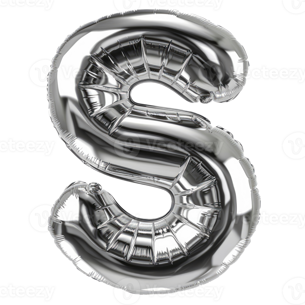 shiny silver 3d form of letter S isolated, inflated balloon bubble font style png