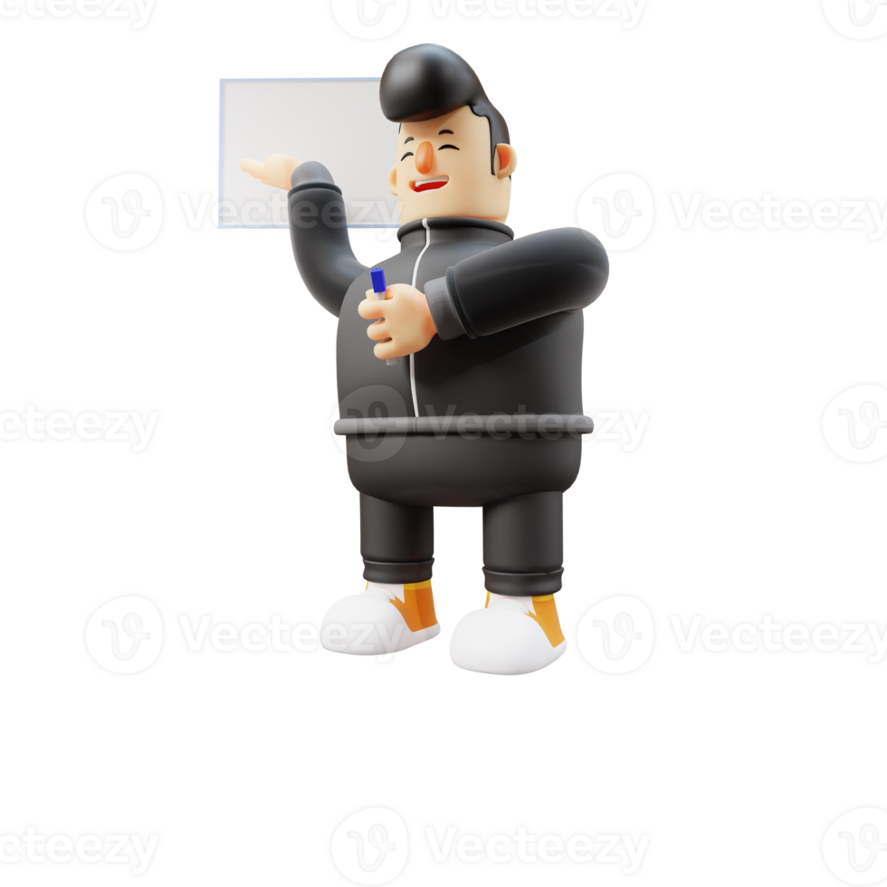 3D Boy with Guitar Image. Cartoon Character Pointing at a Whiteboard. Cartoon png