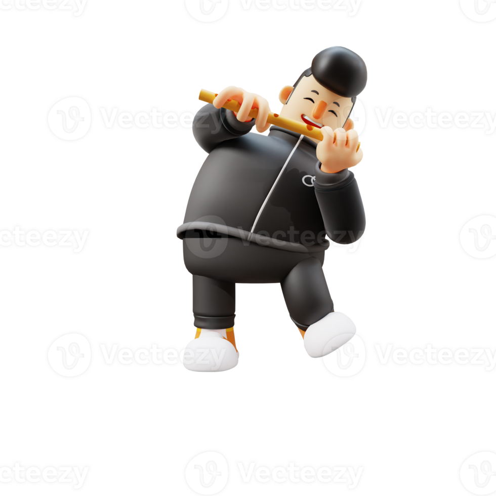 Boy Guitarist in 3D. Cartoon Character Playing a Flute. Cartoon Style png