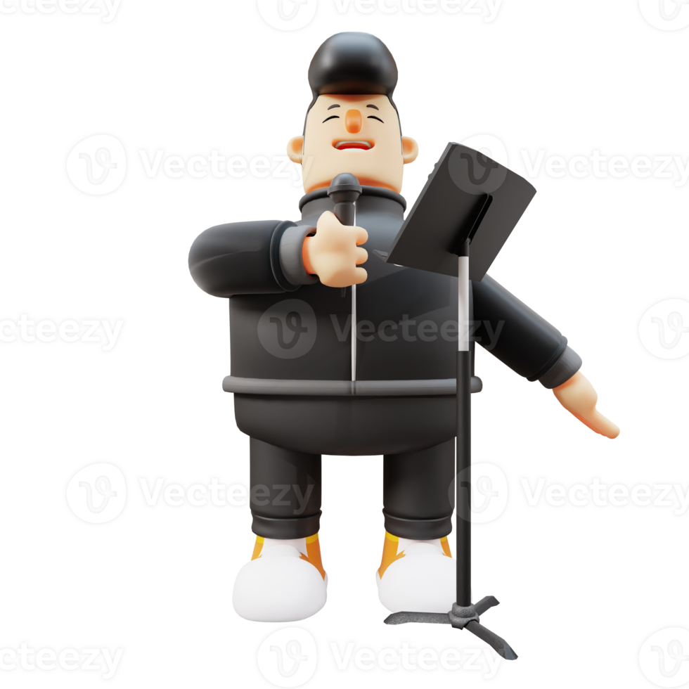 Boy Playing Guitar. Cartoon Character Singing with Microphone and Stand. 3D Cartoon png