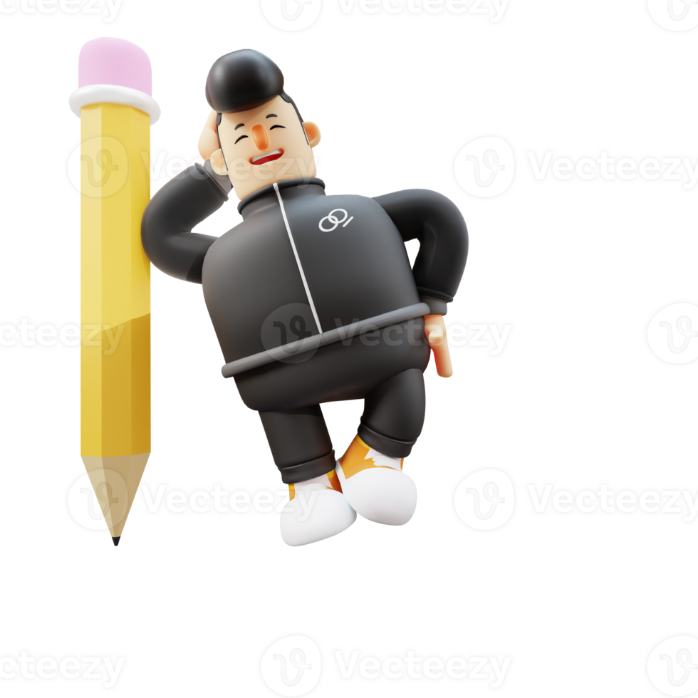 Boy Guitarist Cartoon. Cartoon Character Leaning on a Giant Pencil. 3D Animated png