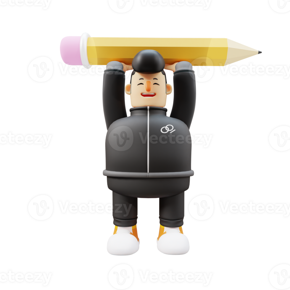 Guitar Strumming Boy. Cartoon Character Lifting a Giant Pencil. 3D Cartoon png