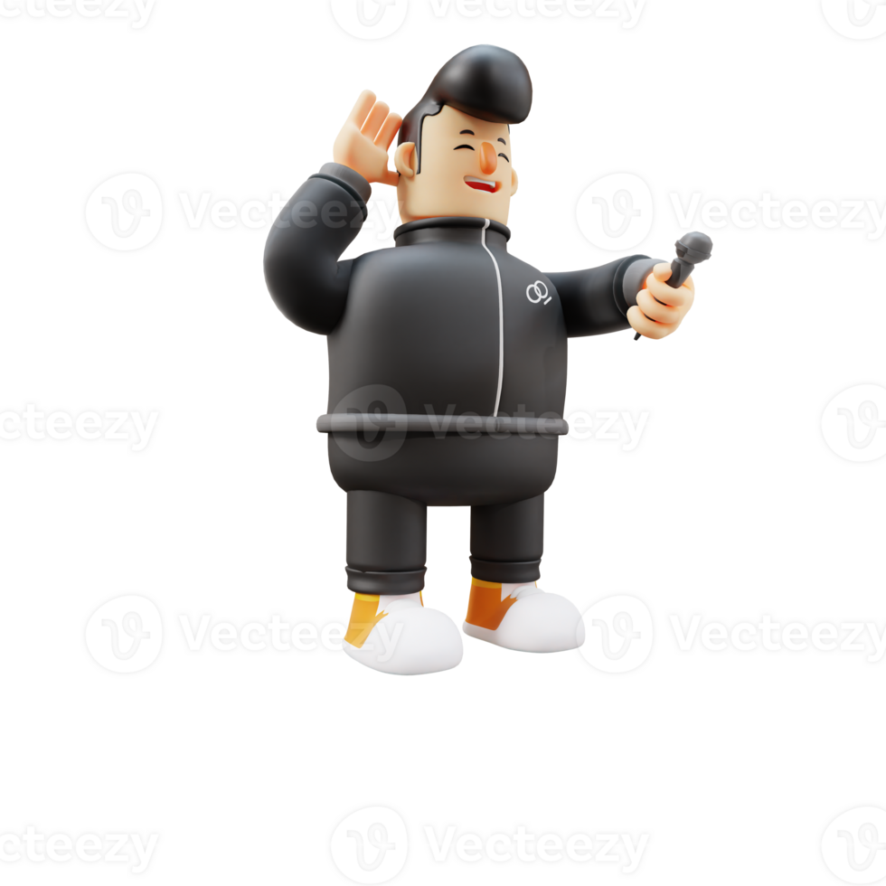 of Boy with Guitar. Cheerful Character Listening with a Microphone. 3D Cartoon png