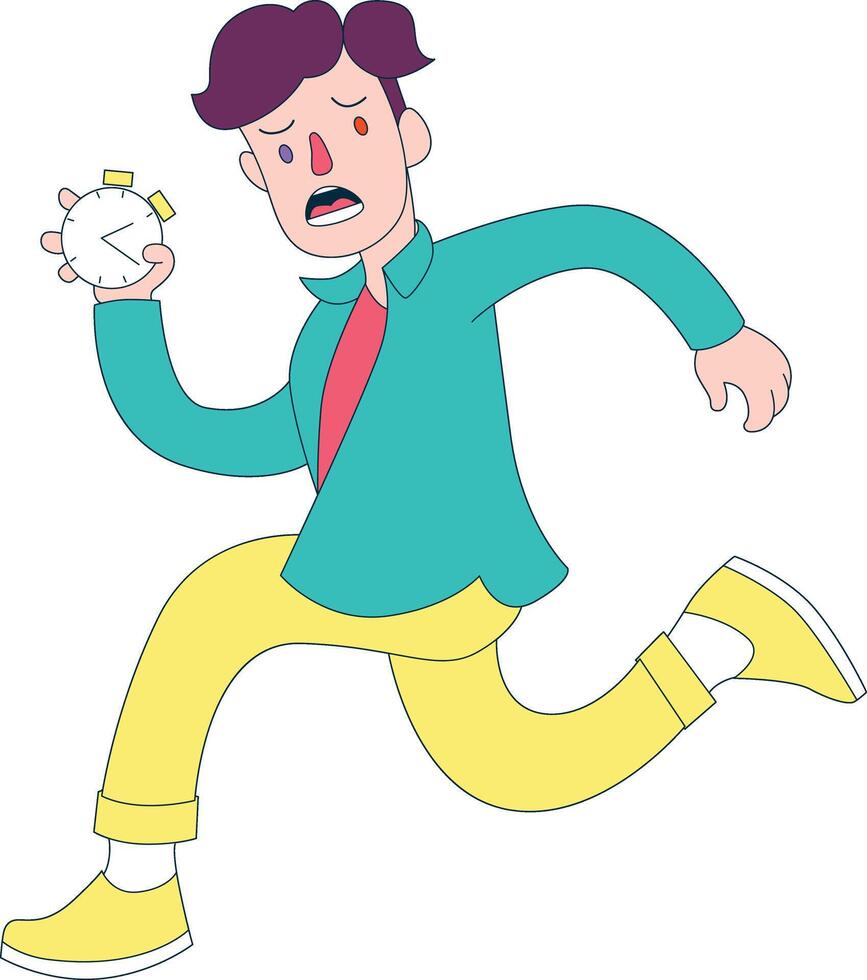 illustration of a young man jumping with a shocked expression and an alarm clock in his hand vector
