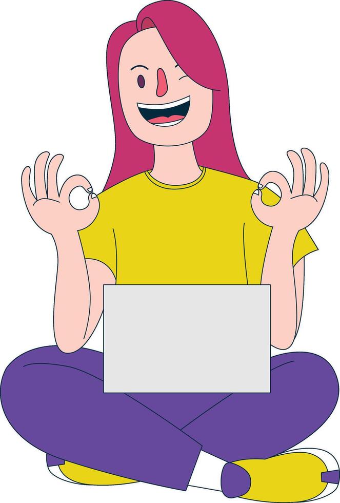 illustration of a pink-haired girl, giving an okay sign with both hands, sitting while holding a laptop vector