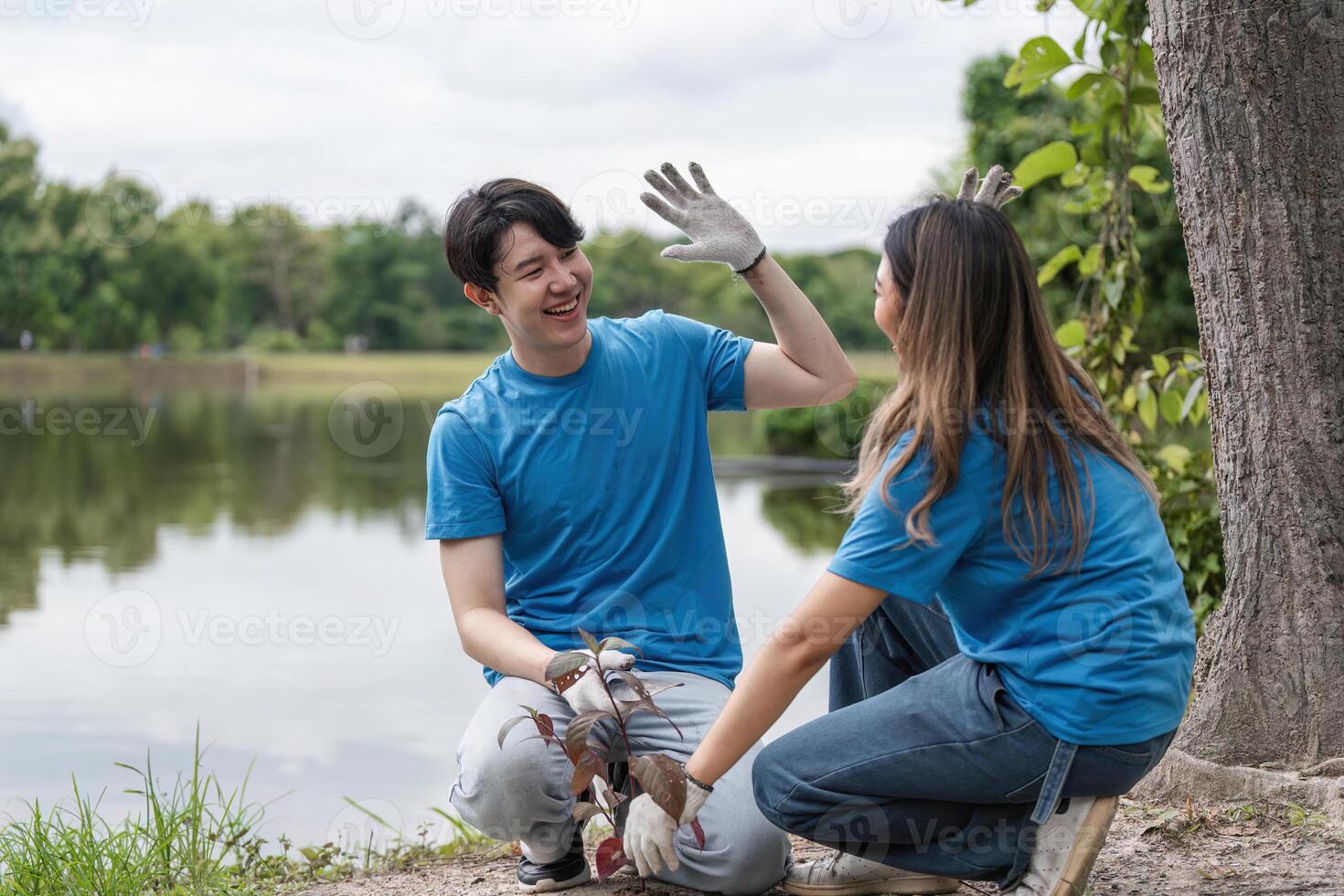 Volunteer Planting Trees by a Lake, Celebrating Success with High Five in a Natural Park Setting photo