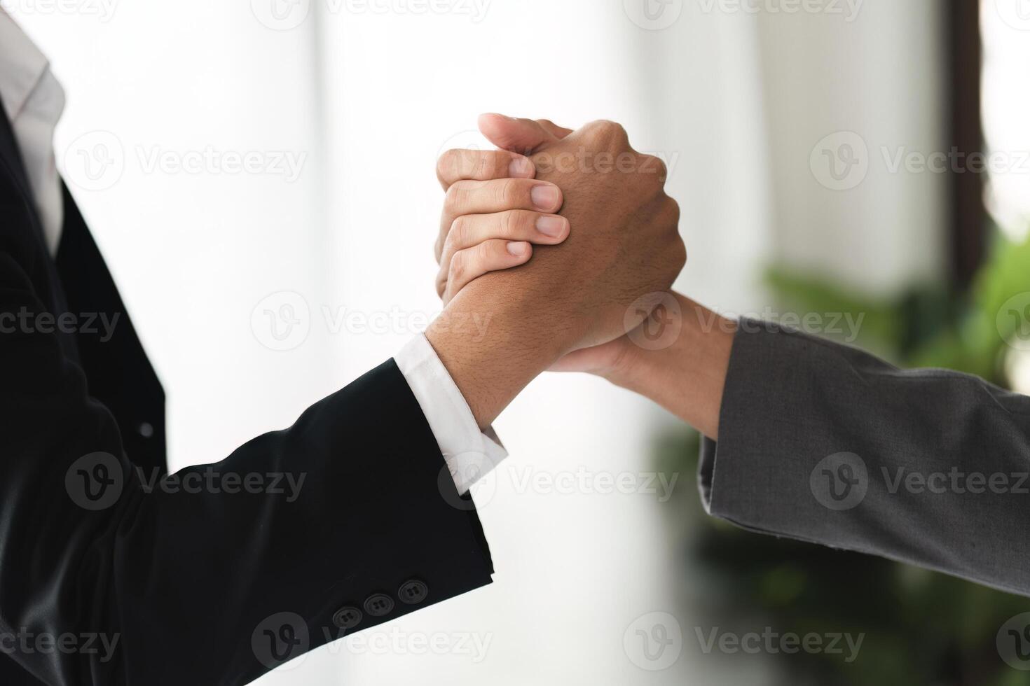 Businessmen Shaking Hands in Agreement, Symbolizing Partnership and Collaboration in a Modern Office Setting photo