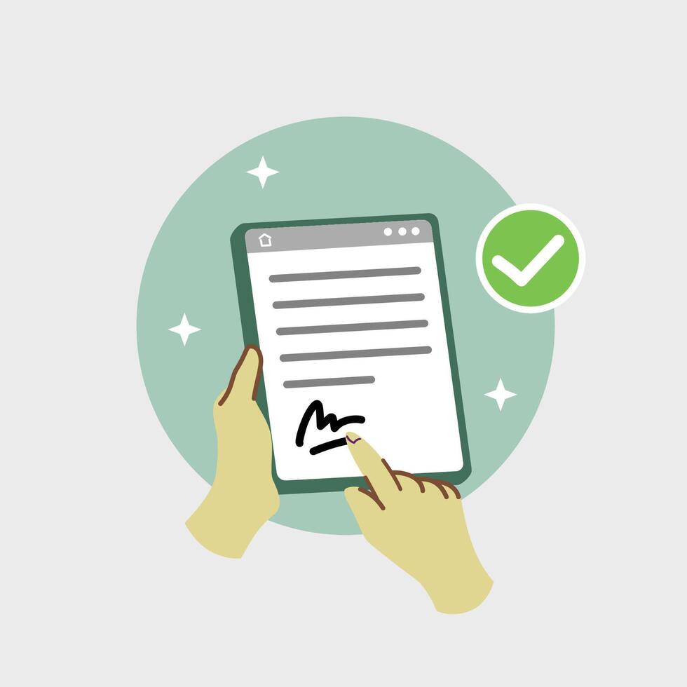 Digital electronic signature, hand holding tablet to sign digital document vector