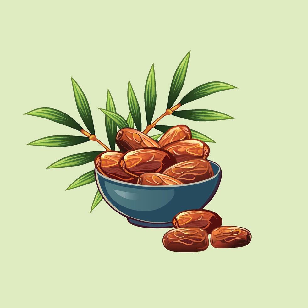 Dates fruit in a bowl with leaf, front view, isolated on white background vector