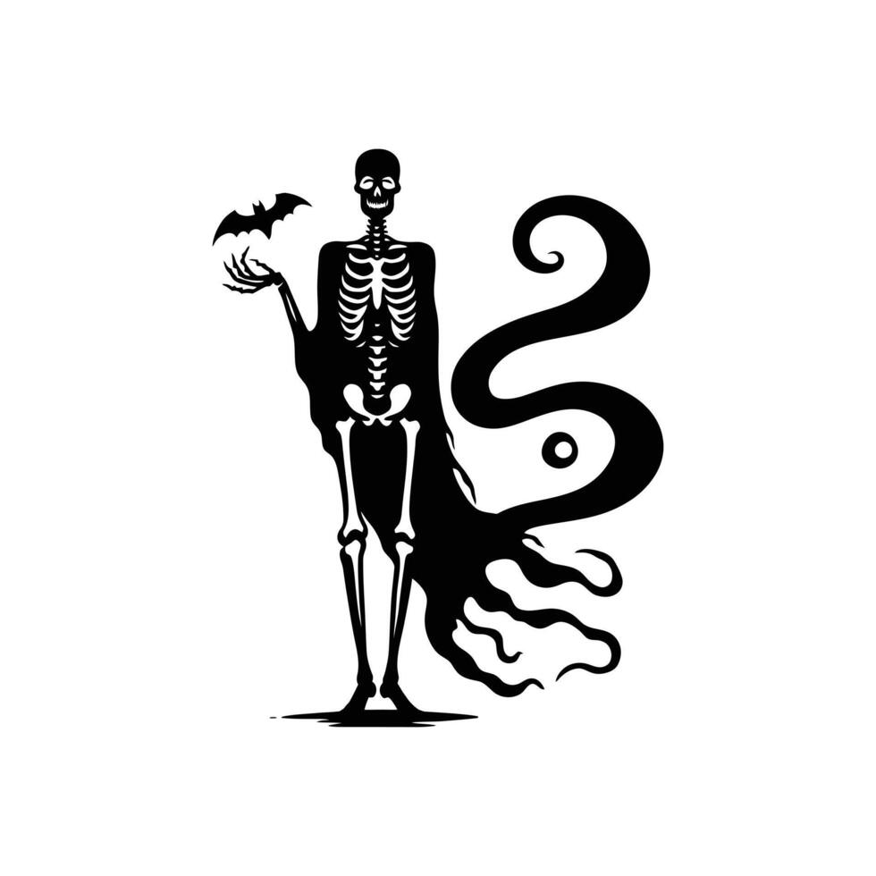Haunting Halloween Skeleton Holding Bat with Twisting Tentacles - Ideal for Halloween Illustrations vector