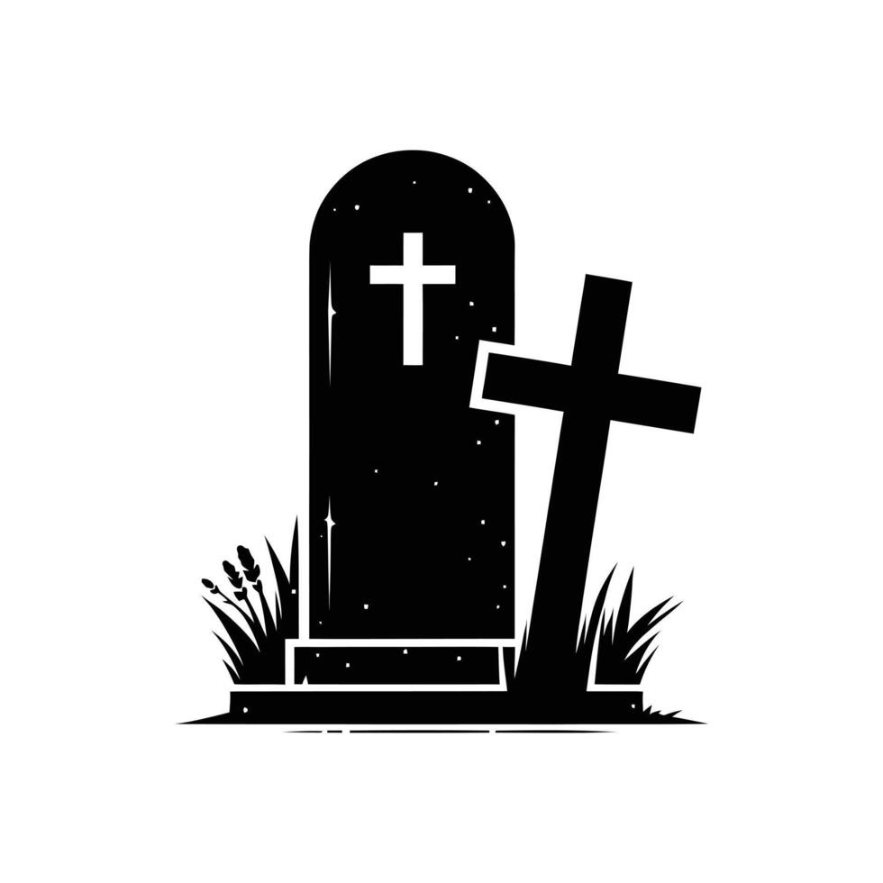 Eerie Gravestone Silhouette for Halloween Dark Cemetery Scene with Cross and Gothic Elements vector