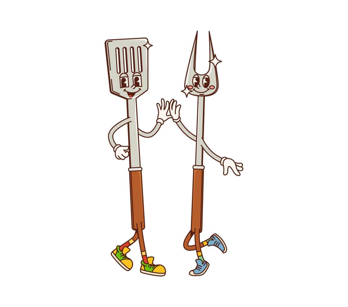 Spatula and fork retro groovy barbeque characters vector