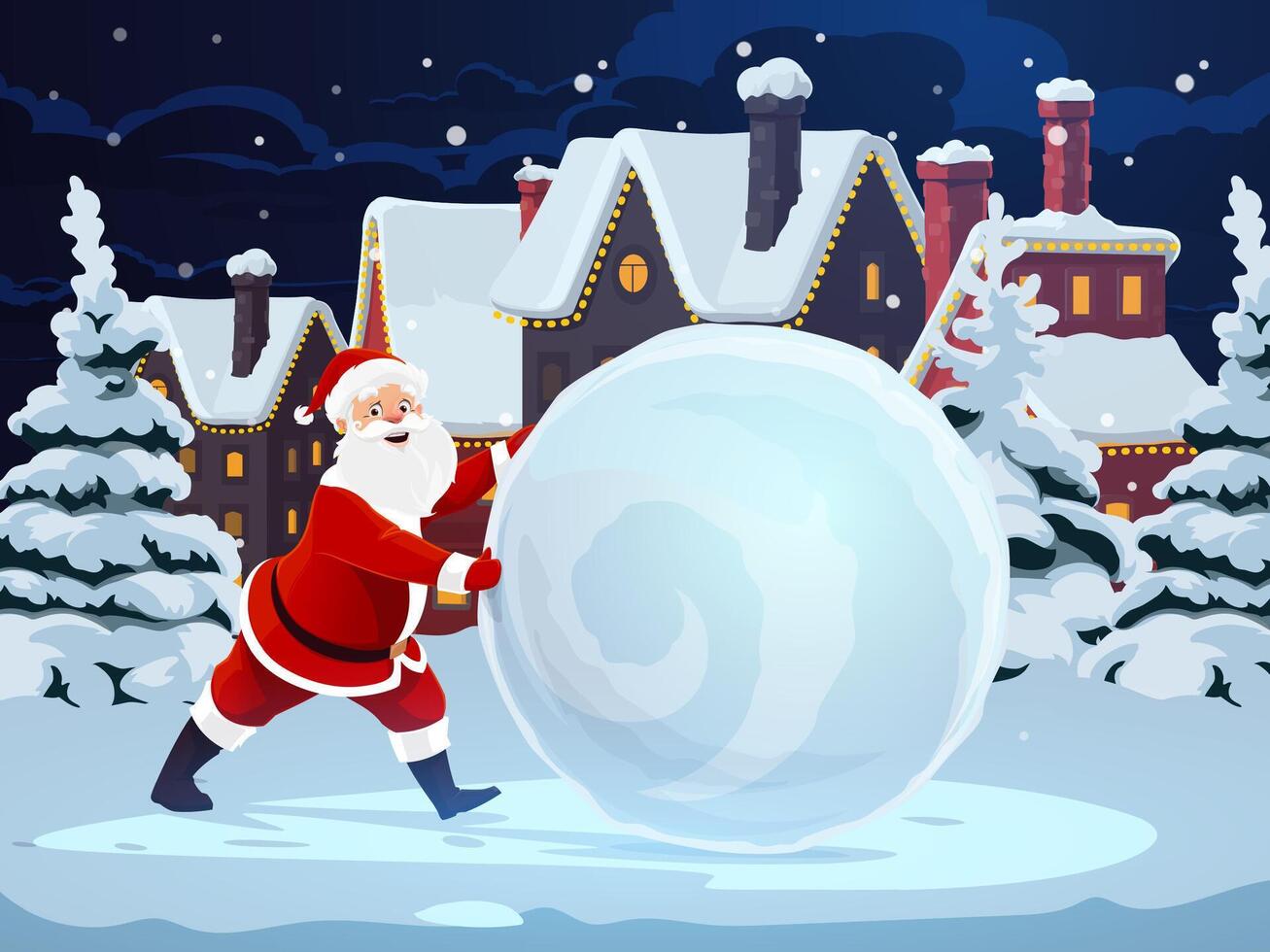 Christmas Santa rolls a snowball winter scene vector