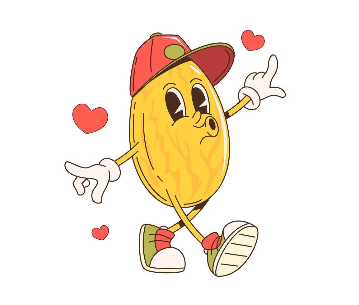 Retro cartoon groovy melon loving fruit character vector