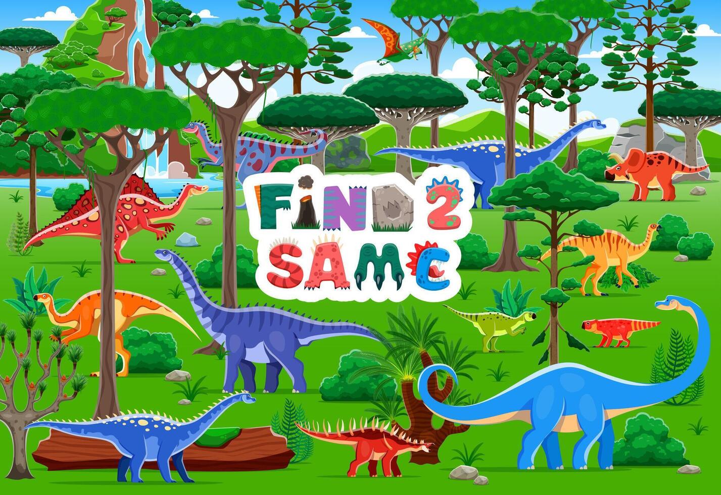 Find two same prehistoric dinosaurs, jungle forest vector