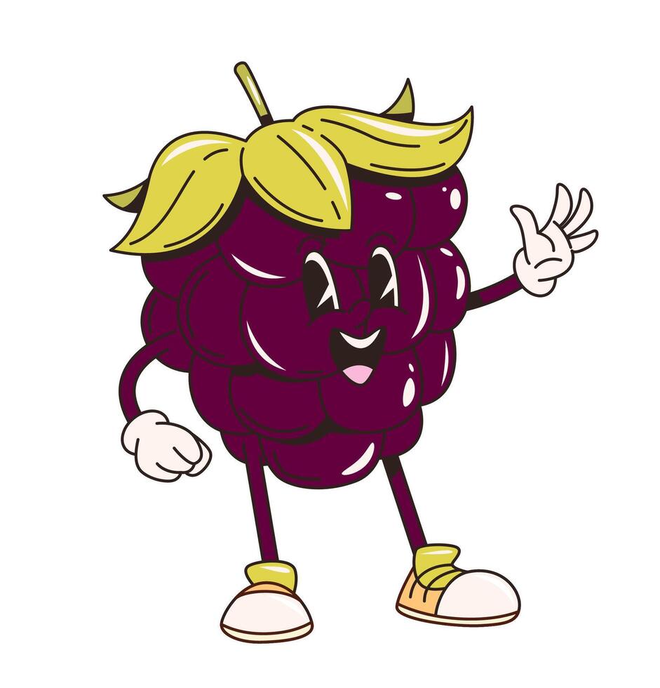 Retro groovy blackberry character waving hand vector