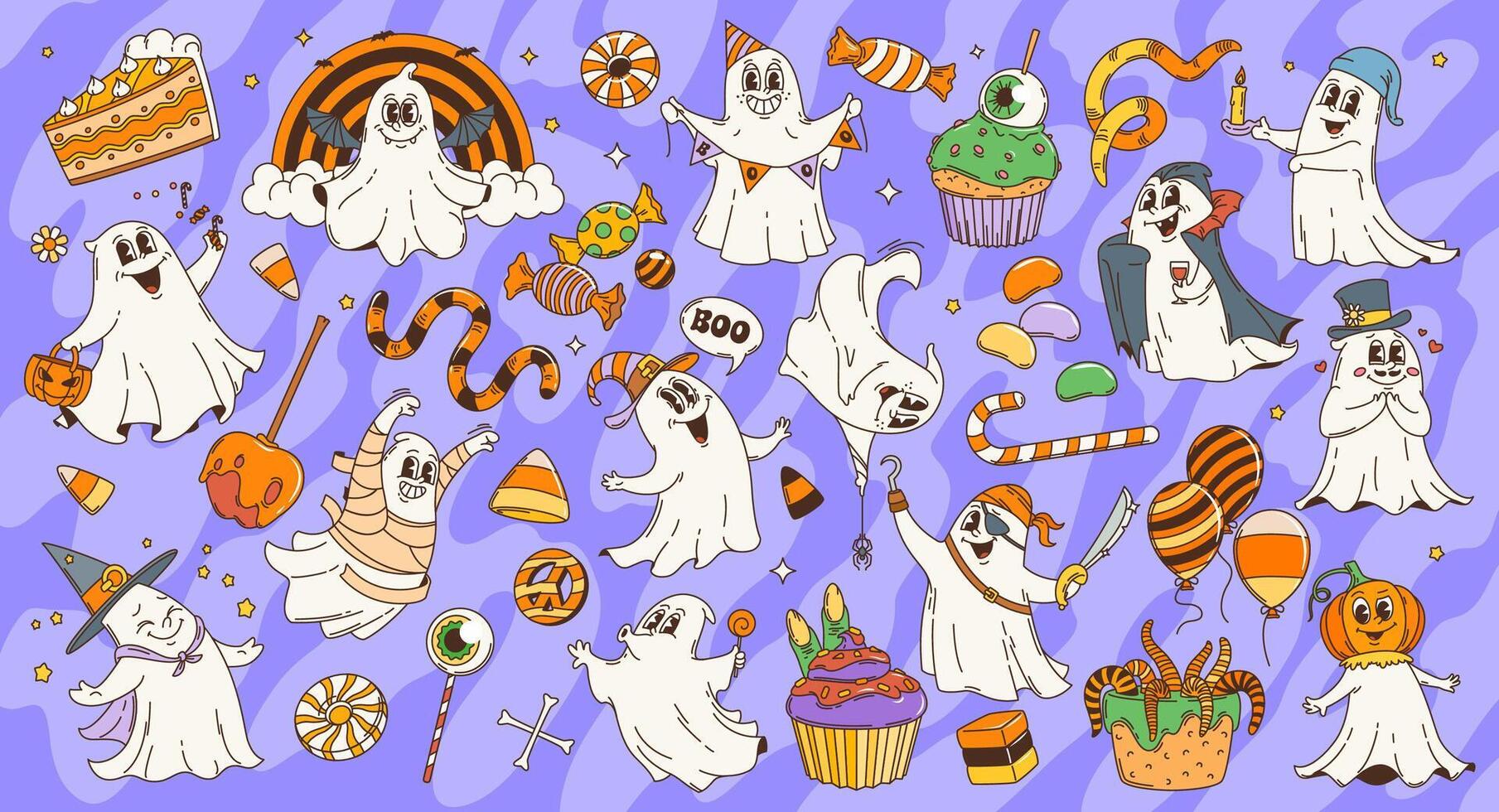 Retro groovy Halloween ghost characters and sweets vector