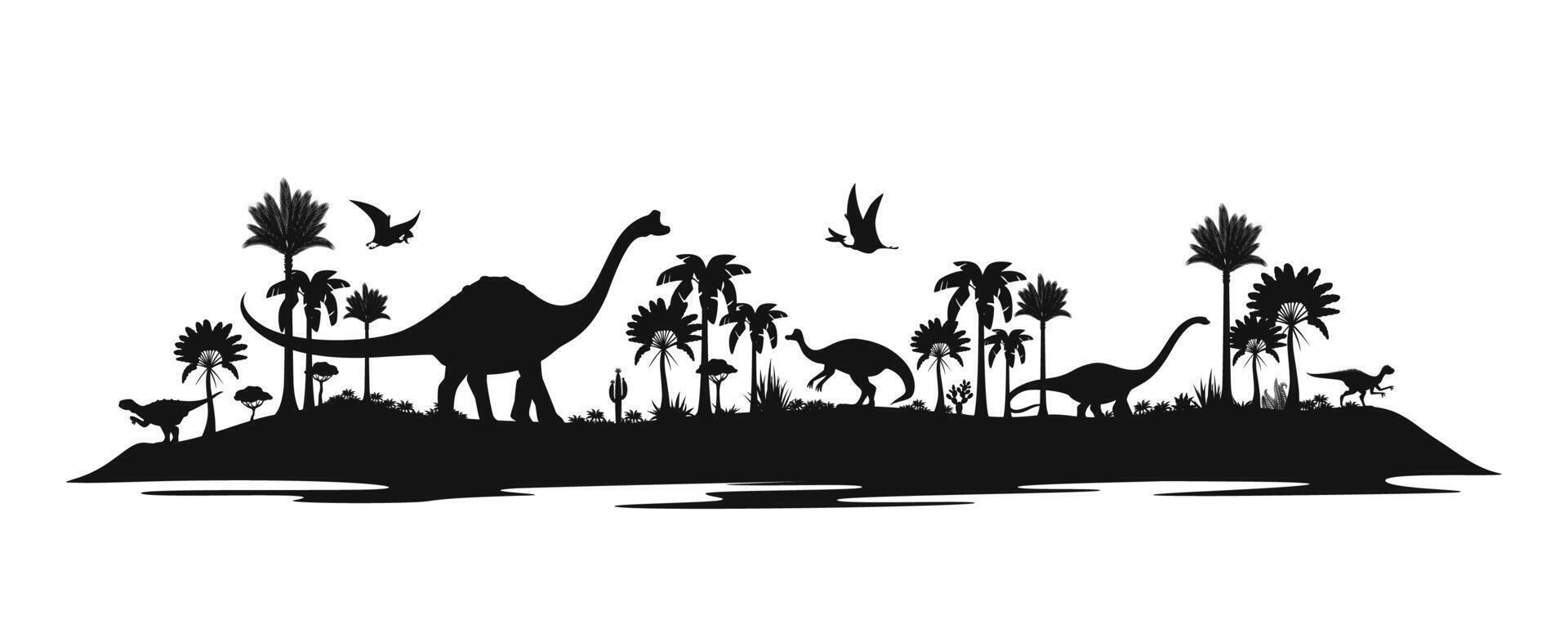 Prehistoric dinosaur silhouettes, palms, cactuses vector