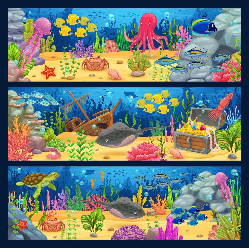 Underwater landscape banners with cartoon sea vector