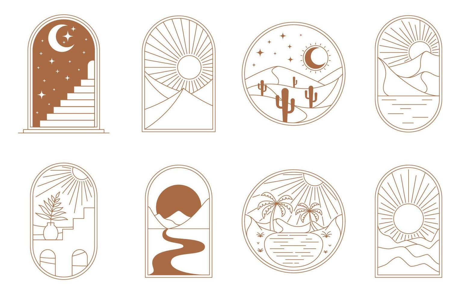 Boho window and desert icons, sun, moon and stars vector
