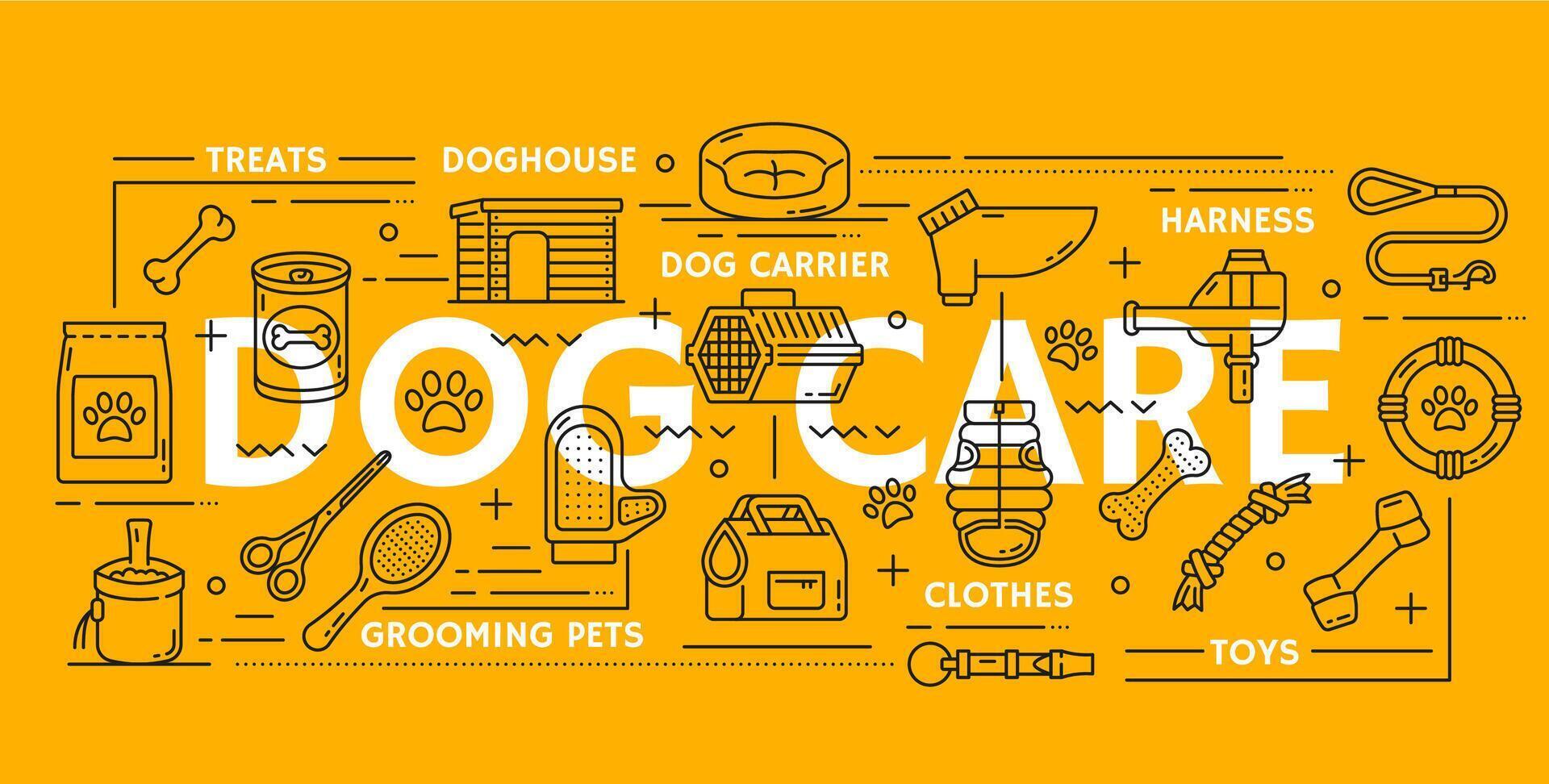 Dog pet care banner, grooming supplies and toys vector