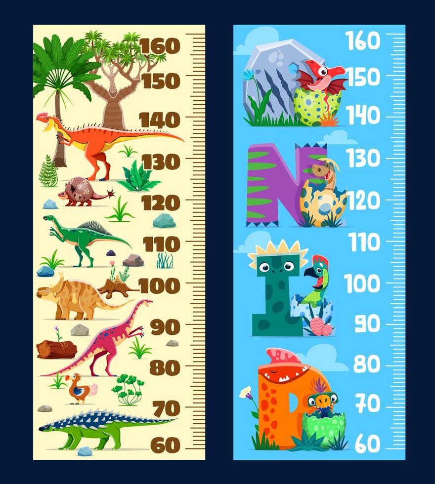 Kids height chart ruler with prehistoric dinosaurs vector