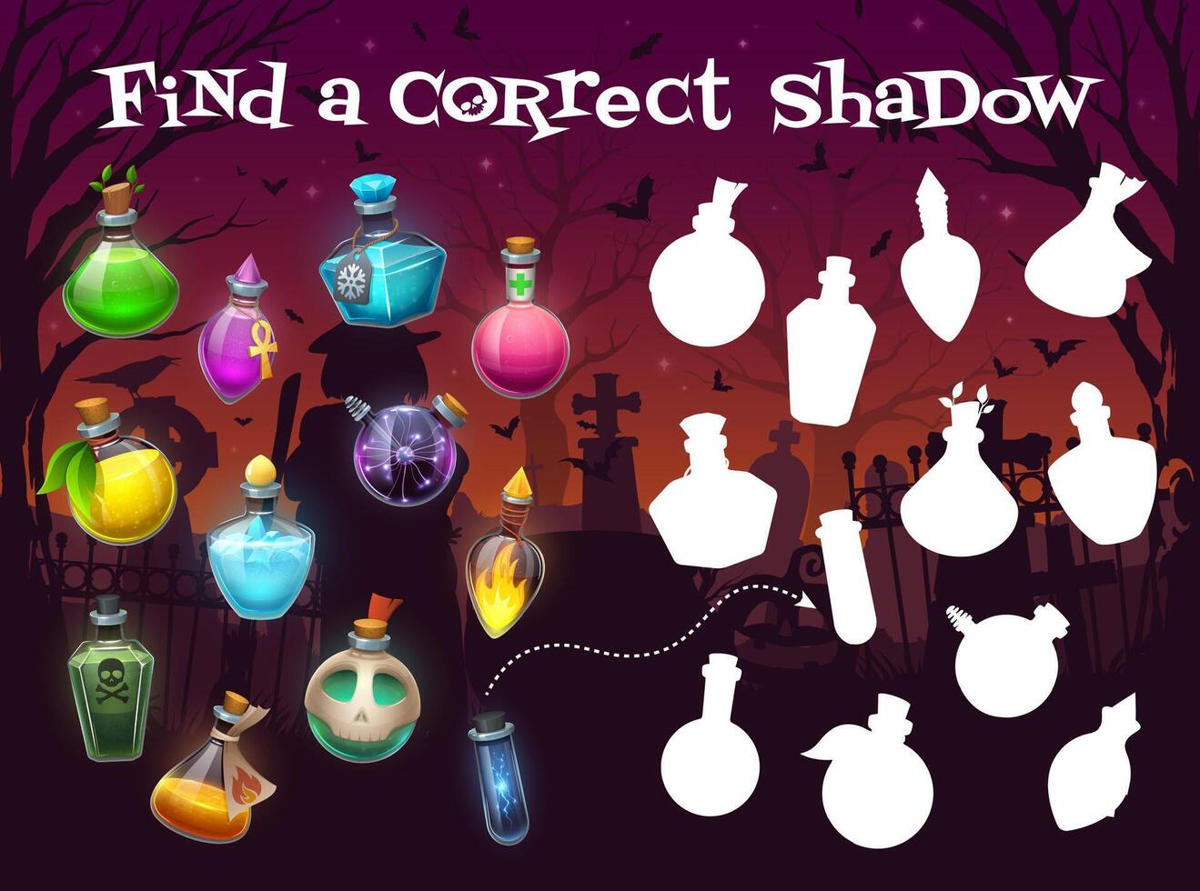 Halloween kids game, find correct shadow of potion vector