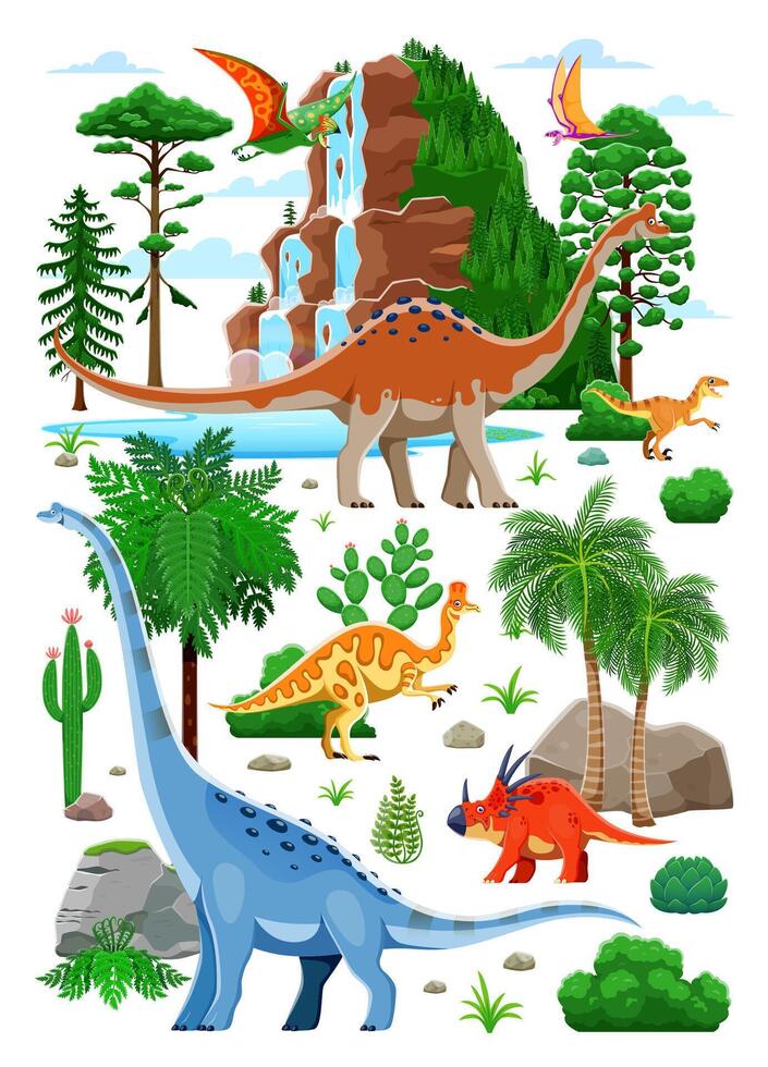 Prehistoric dinosaurs, jurassic palms, waterfall vector