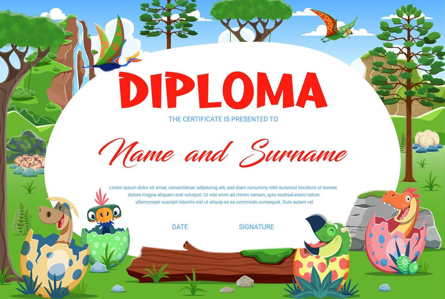 Kids diploma, funny dinosaur kids in egg shells vector