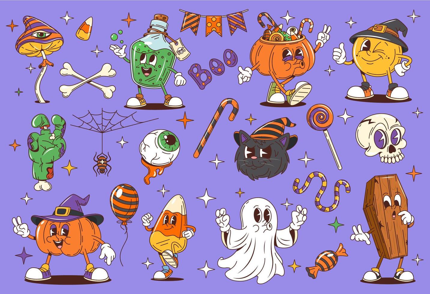 Cartoon Halloween groovy pumpkin, ghost characters vector