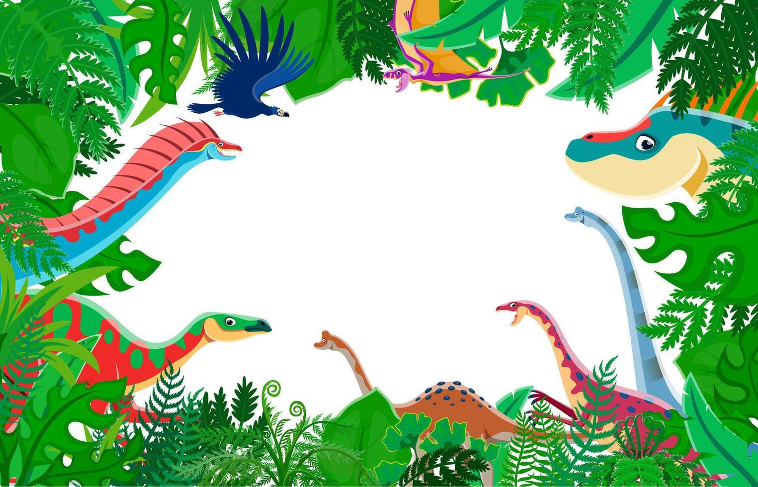 Cartoon prehistoric dinosaurs in jungle frame vector