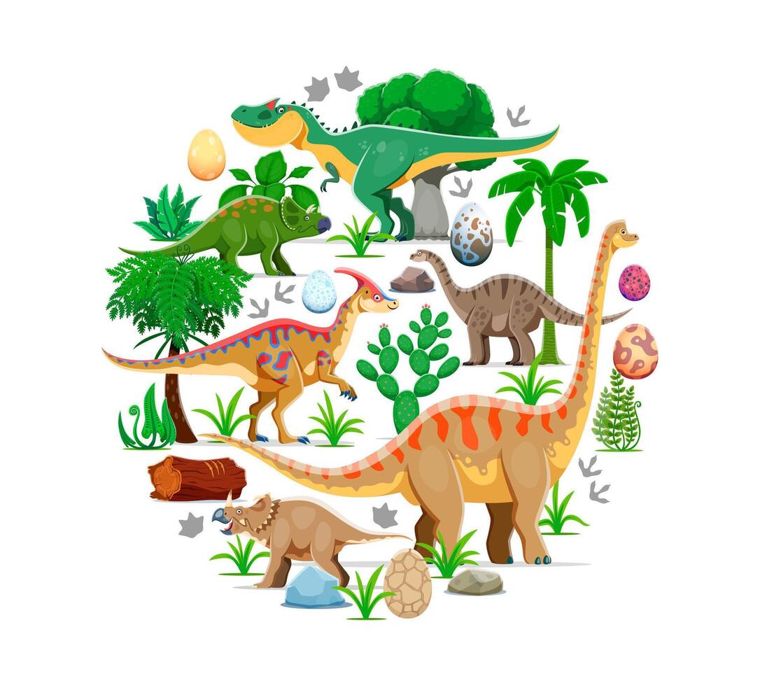 Prehistoric dinosaurs and dino eggs, round banner vector