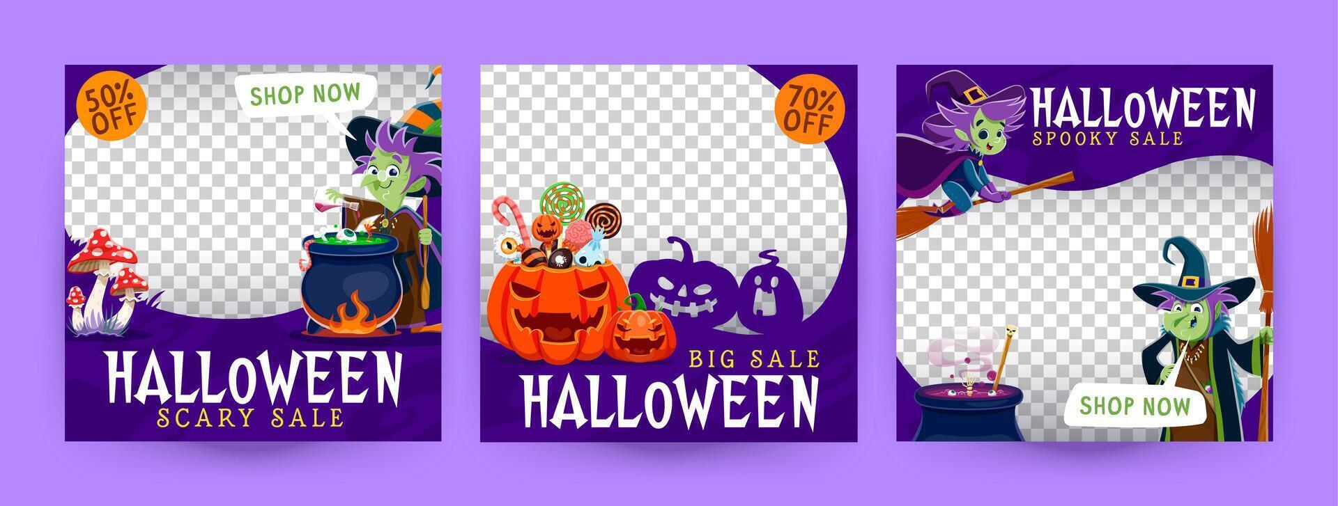 Halloween sale banner templates, witch and bucket vector
