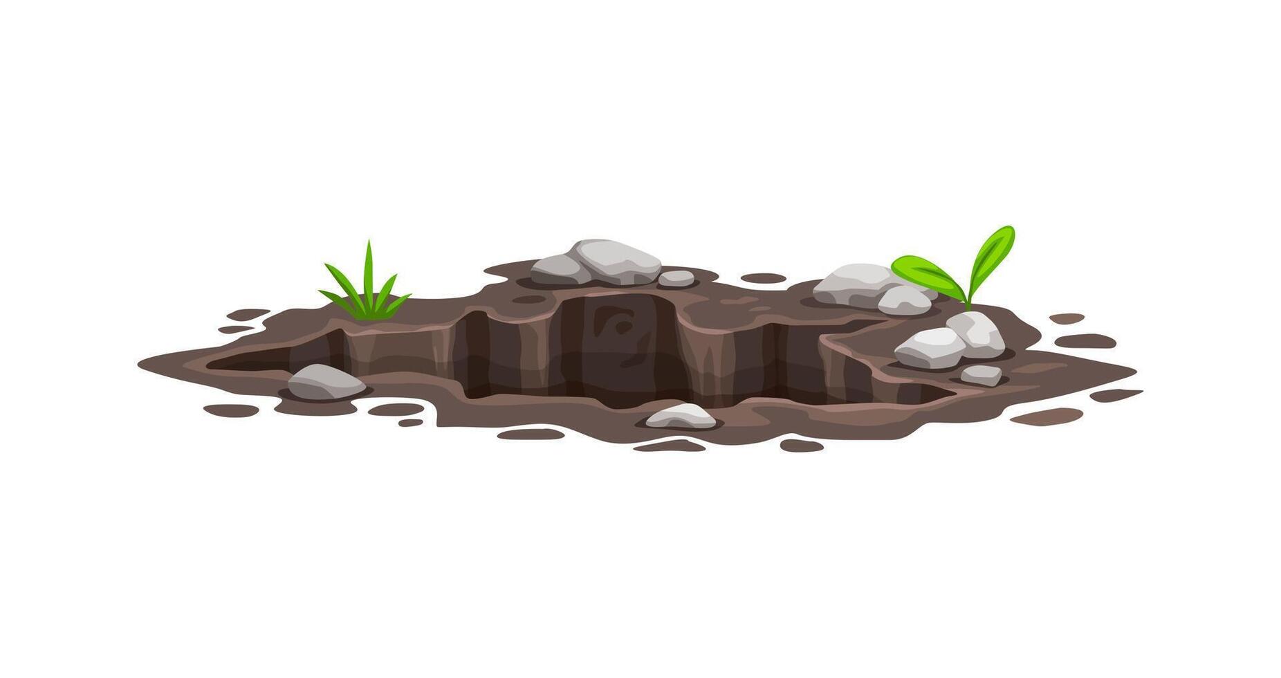 Ground hole, deep dirty pit and burrow in soil vector